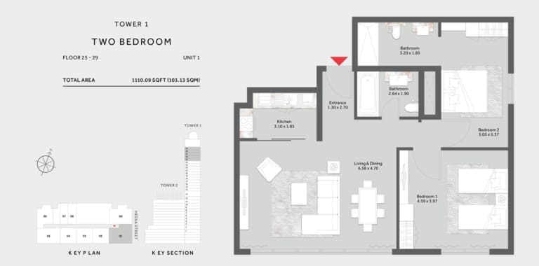 Marriott Residence Tower 1 – 2 Bedroom Apartment 25 to 29 Floor Plan