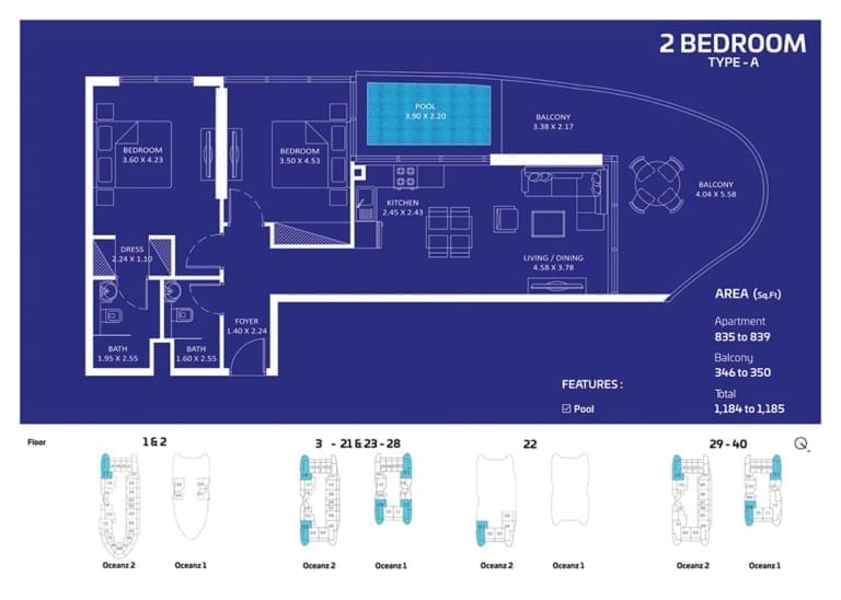 Oceanz by Danube 2 Bedroom Apartment Type A Floor Plan