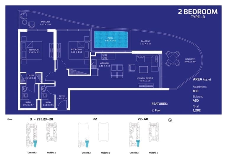 Oceanz by Danube 2 Bedroom Apartment Type B Floor Plan