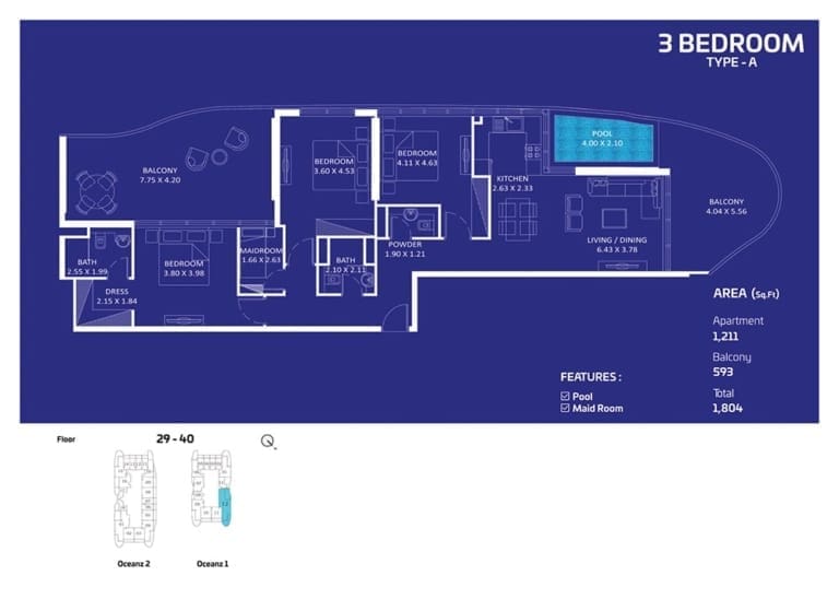 Oceanz by Danube 3 Bedroom Apartment Type A Floor Plan
