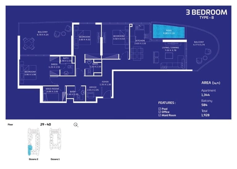 Oceanz by Danube 3 Bedroom Apartment Type B Floor Plan