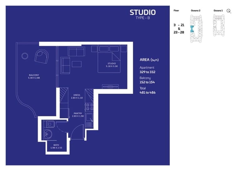 Oceanz by Danube Studio Apartment Type B Floor Plan