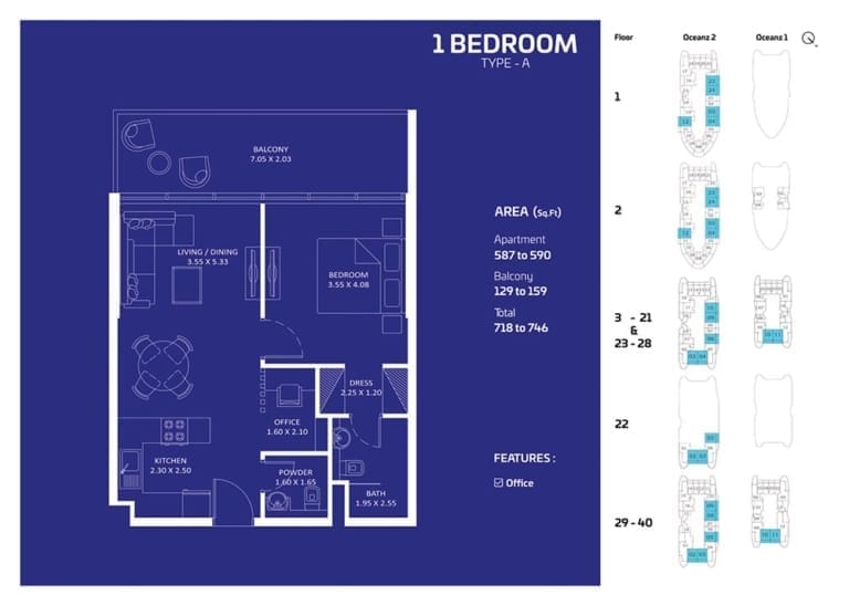 Oceanz by Danube 1 Bedroom Apartment Type A Floor Plan
