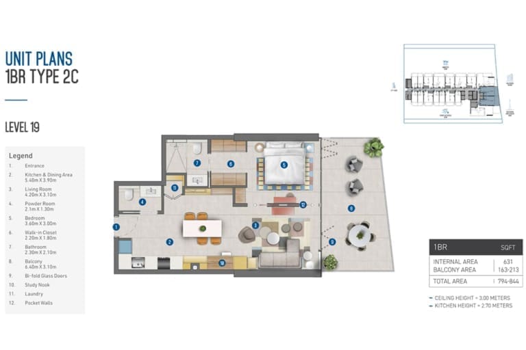 Rove Home 1 Bedroom Apartment Type 2C Floor Plan