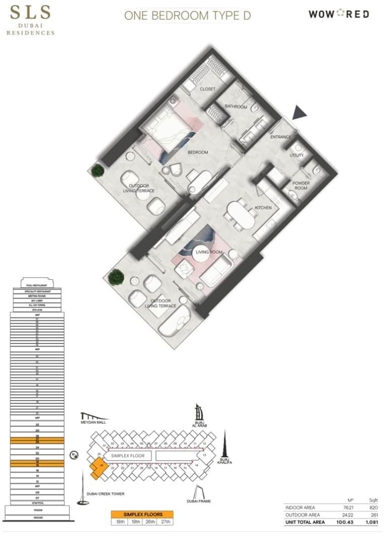 SLS Dubai Hotel & Residences 1 Bedroom Type D Floor Plan