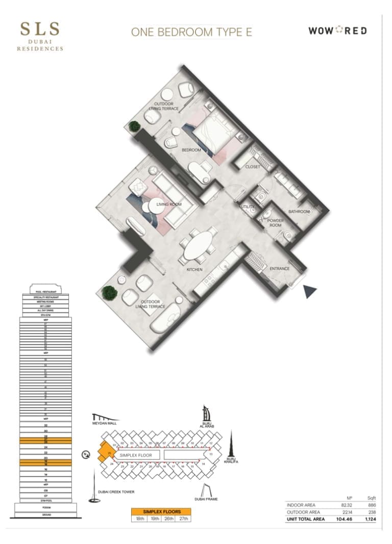 SLS Dubai Hotel & Residences 1 Bedroom Type E Floor Plan