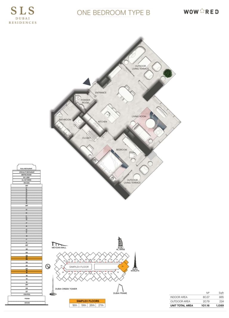 SLS Dubai Hotel & Residences 1 Bedroom Type B Floor Plan