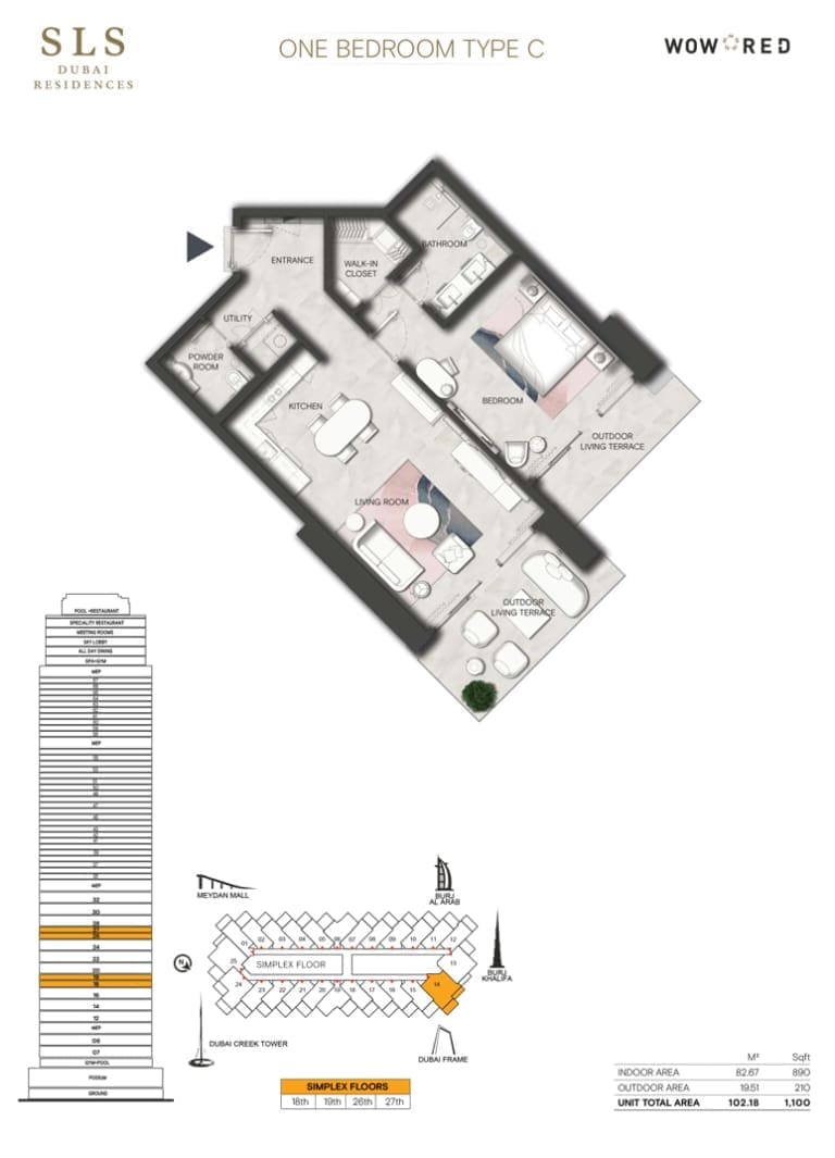 SLS Dubai Hotel & Residences 1 Bedroom Type C Floor Plan