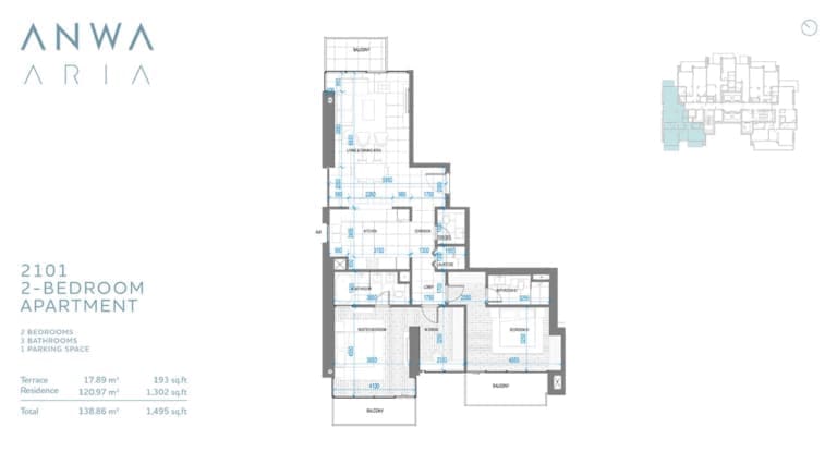 Anwa Aria 2 Bedroom Apartment Unit 2101 Floor Plan