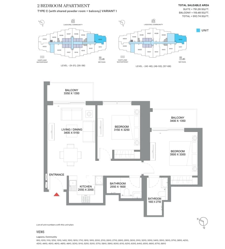 360 Riverside Crescent 2 Bedroom Apartment Type C Variant 1 Floor Plan