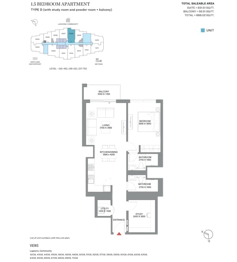 360 Riverside Crescent 1 Bedroom plus Study Apartment Type D Floor Plan