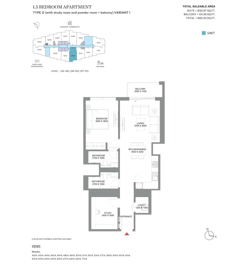 360 Riverside Crescent 1 Bedroom plus Study Apartment Type D Variant 1 Floor Plan