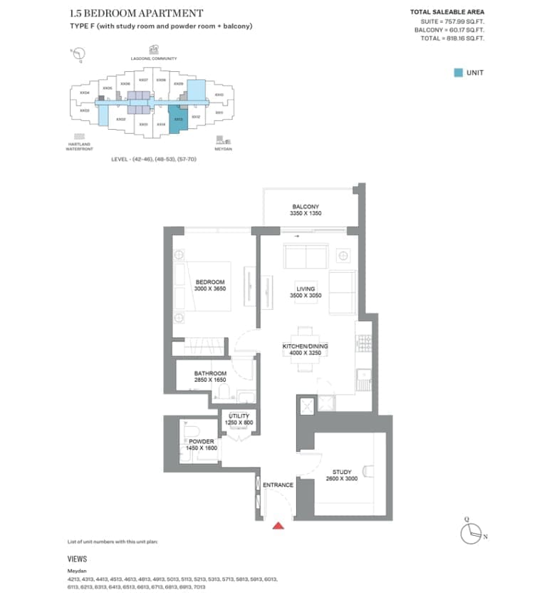 360 Riverside Crescent 1 Bedroom plus Study Apartment Type F Floor Plan