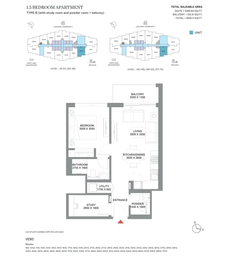 360 Riverside Crescent 1 Bedroom plus Study Apartment Type B Floor Plan
