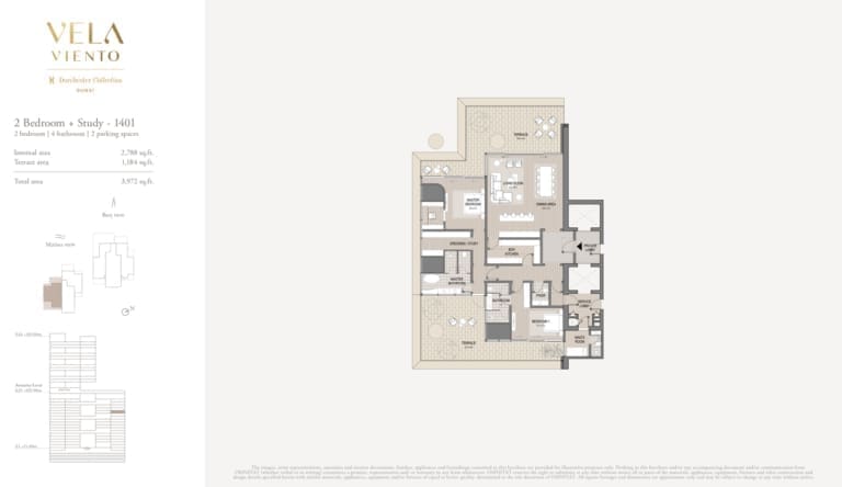 Vela Viento 2 Bedroom plus Study Apartment Unit 1401 Floor Plan
