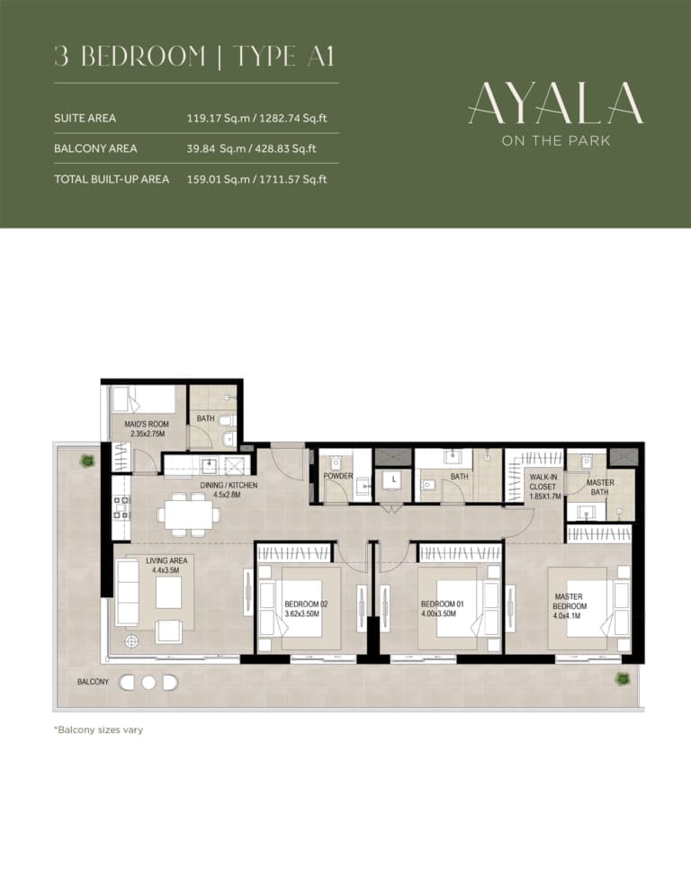 Ayala 3 Bedroom Apartment Type A1 Floor Plan