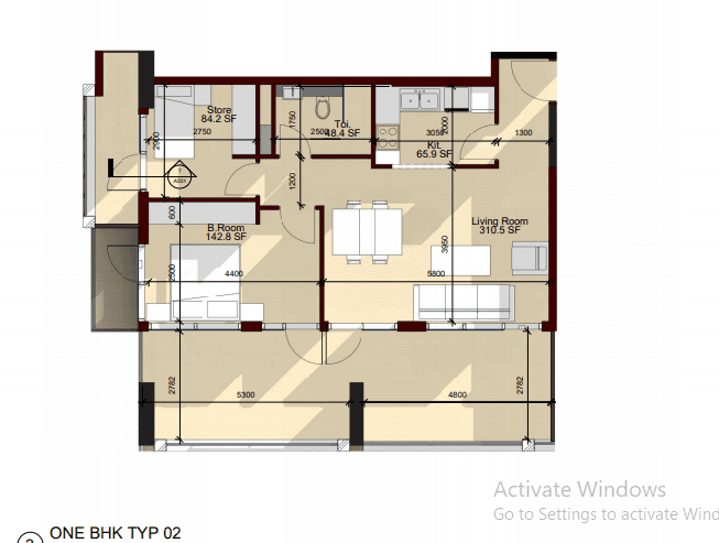 Laya Heights 1 Bedroom Apartment Type 2 Floor Plan
