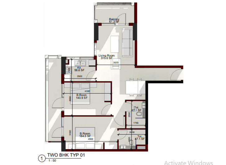Laya Heights 2 Bedroom Apartment Type 1 Floor Plan