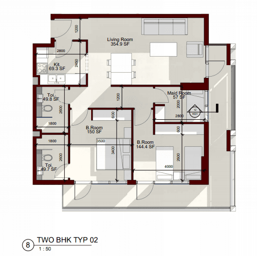 Laya Heights 2 Bedroom Apartment Type 2 Floor Plan