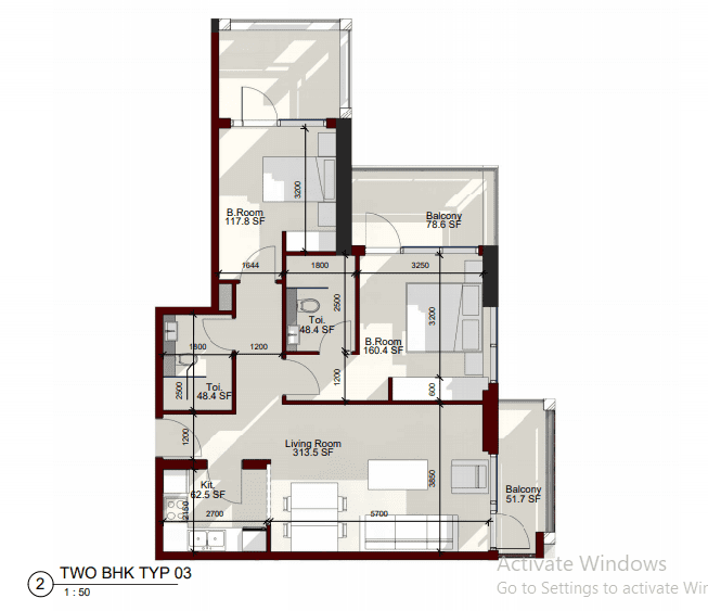 Laya Heights 2 Bedroom Apartment Type 3 Floor Plan