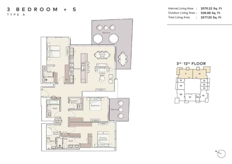 Mercer House 3 Bedroom Apartment Plus Study Type A Floor Plan