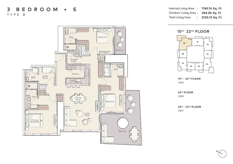 Mercer House 3 Bedroom Apartment Plus Study Type B Floor Plan