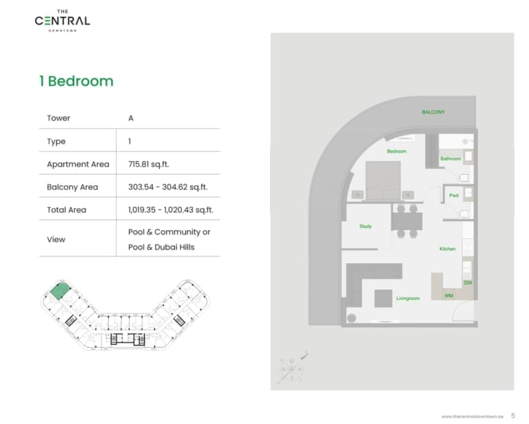 The Central Downtown Tower A 1 Bedroom Apartment Type 1 Floor Plan