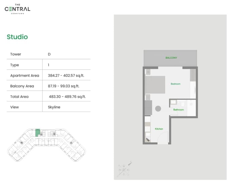The Central Downtown Tower D Studio Apartment Type 1 Floor Plan