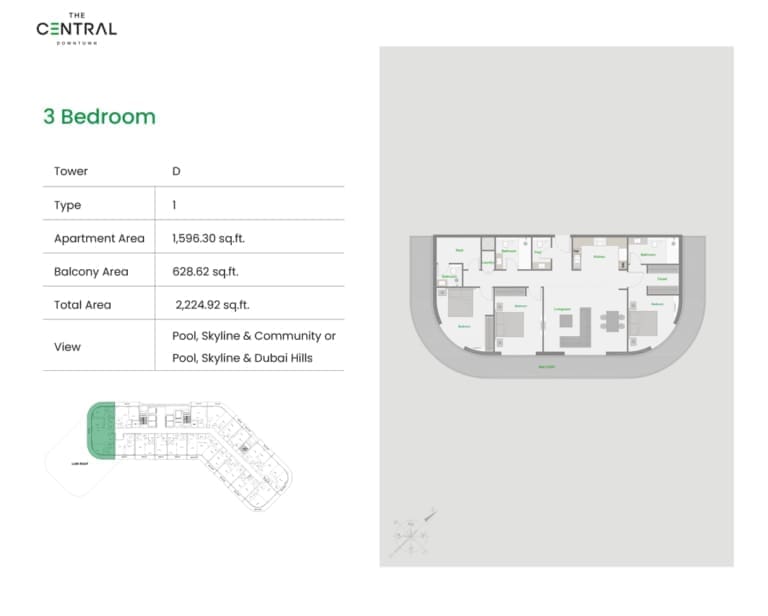 The Central Downtown Tower D 3 Bedroom Apartment Type 1 Floor Plan