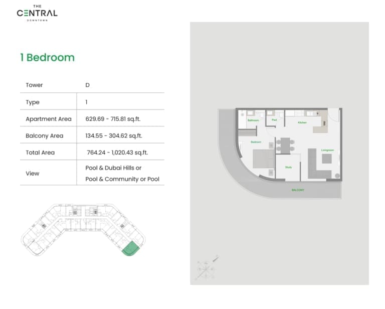 The Central Downtown Tower D 1 Bedroom Apartment Type 1 Floor Plan