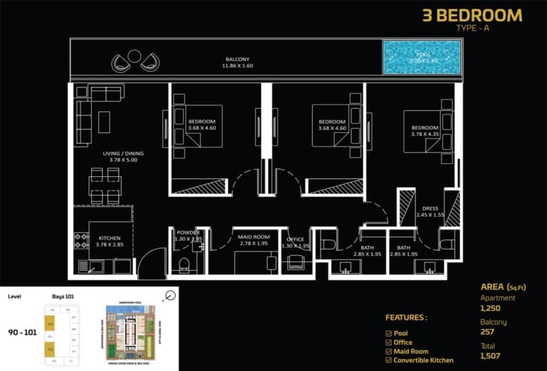 Bayz 101 – 3 Bedroom Apartment Type A Floor Plan
