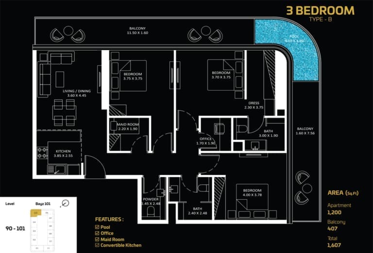 Bayz 101 – 3 Bedroom Apartment Type B Floor Plan
