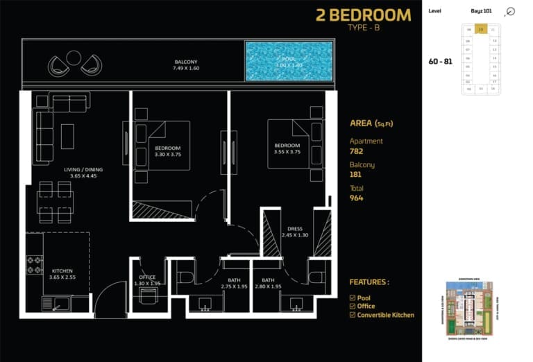 Bayz 101 – 2 Bedroom Apartment Type B Floor Plan