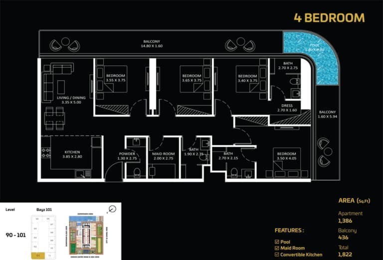 Bayz 101 – 4 Bedroom Apartment Floor Plan