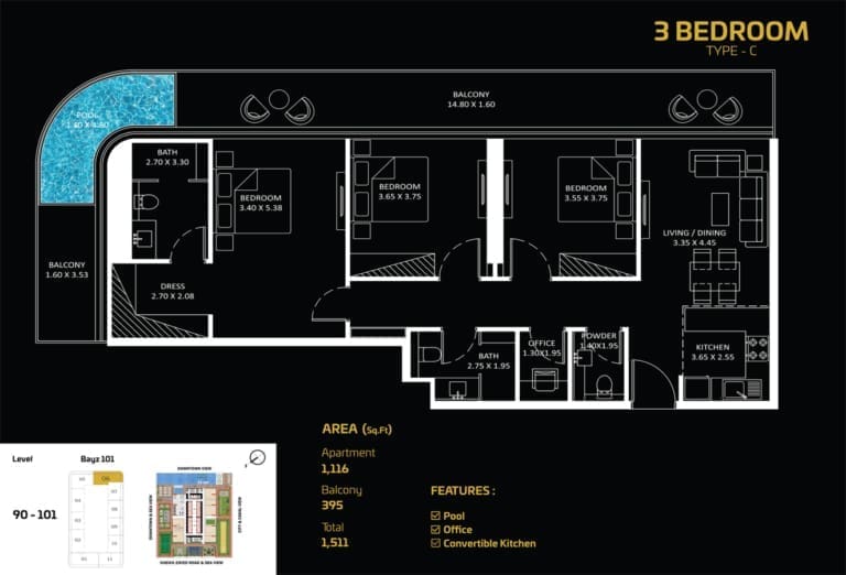 Bayz 101 – 3 Bedroom Apartment Type C Floor Plan