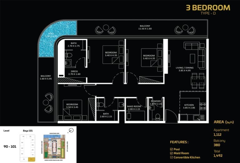 Bayz 101 – 3 Bedroom Apartment Type D Floor Plan
