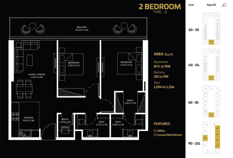 Bayz 101 – 2 Bedroom Apartment Type D Floor Plan