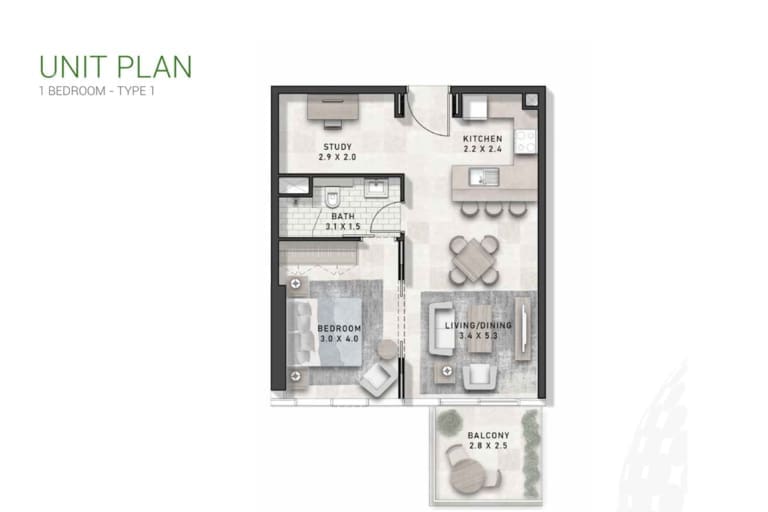Golf Gate 1 Bedroom Apartment Type 1 Floor Plan