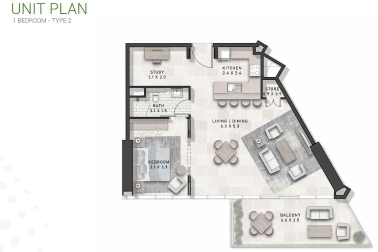 Golf Gate 1 Bedroom Apartment Type 2 Floor Plan