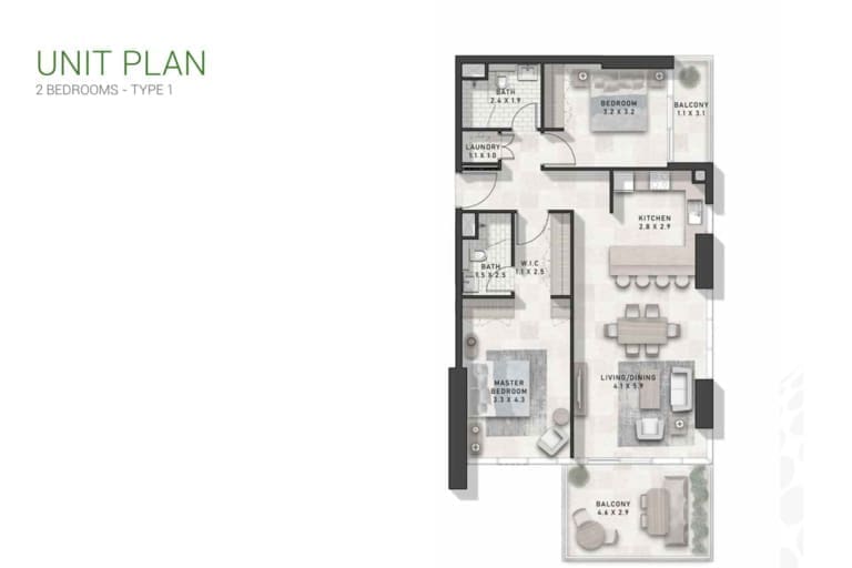 Golf Gate 2 Bedroom Apartment Type 1 Floor Plan