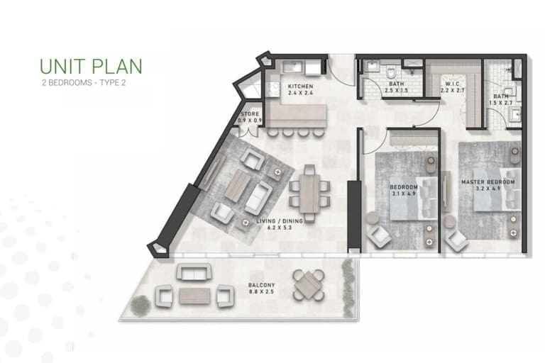 Golf Gate 2 Bedroom Apartment Type 2 Floor Plan
