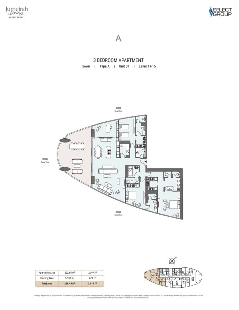 Jumeirah Living 3 Bedroom Apartment Type A Unit 01 Floor Plan