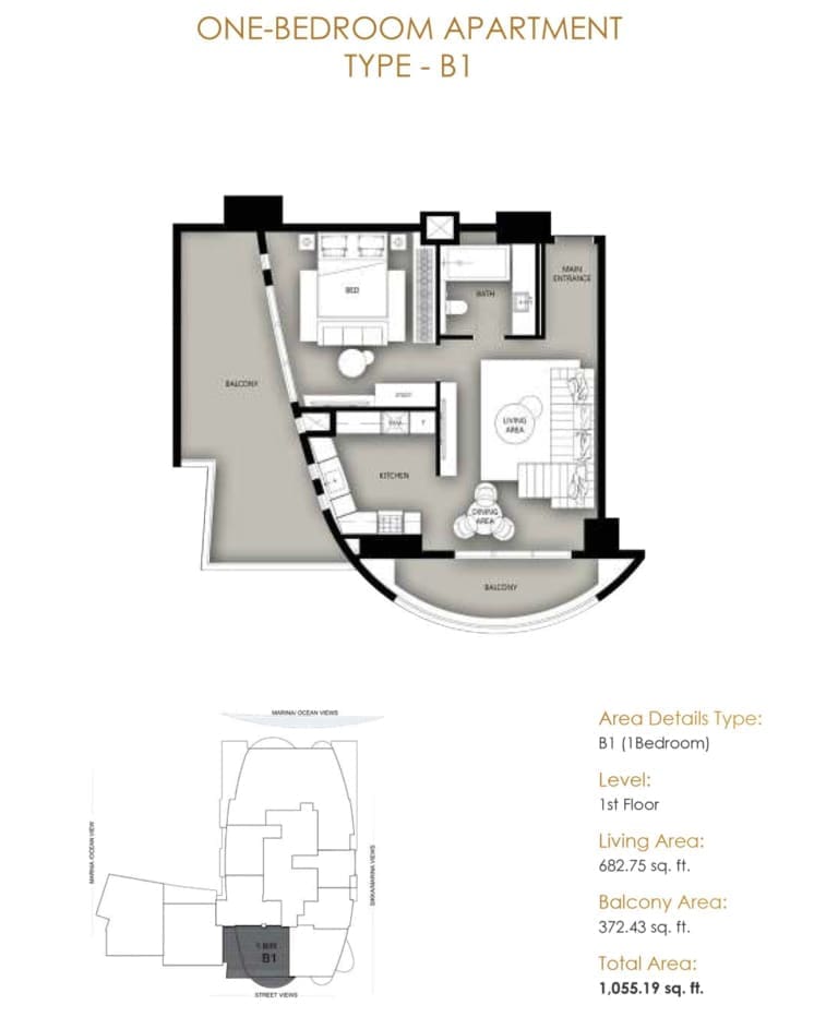 Marina Star 1 Bedroom Apartment Type B1 Floor Plan