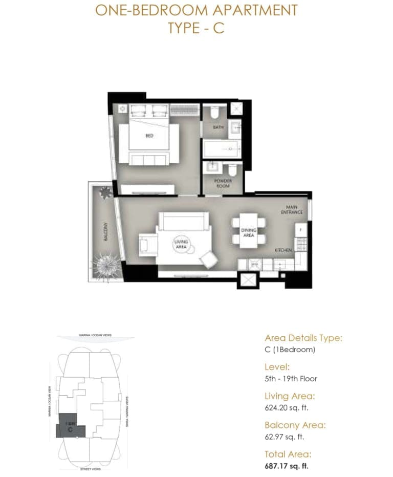 Marina Star 1 Bedroom Apartment Type C Floor Plan