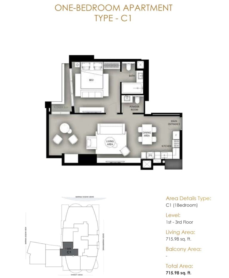 Marina Star 1 Bedroom Apartment Type C1 Floor Plan
