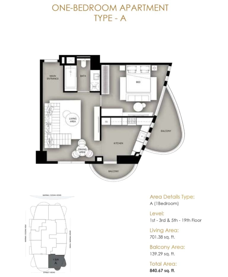 Marina Star 1 Bedroom Apartment Type A Floor Plan