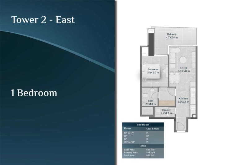 Skyhills Residence Tower 2 East 1 Bedroom Apartment Floor Plan