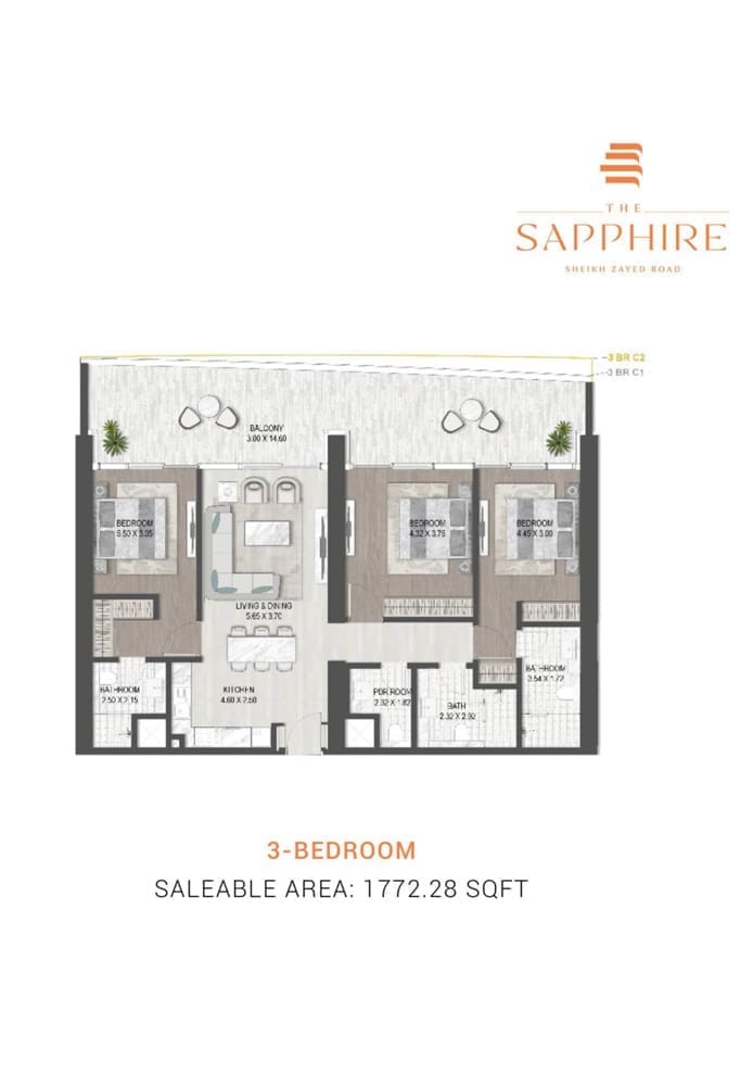 Damac Sapphire 3 Bedroom Apartment Floor Plan