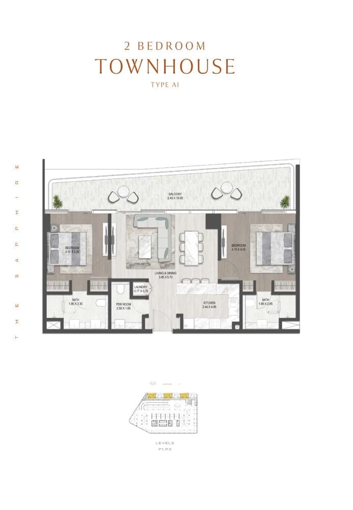 Damac Sapphire 2 Bedroom Townhouse Type A1 Floor Plan