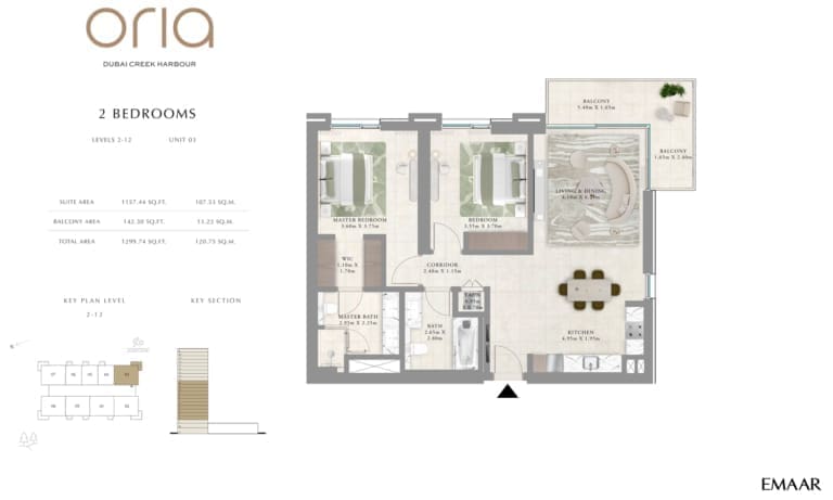 Oria by Emaar 2 Bedroom Apartment Level 2-12 Unit 3 Floor Plan
